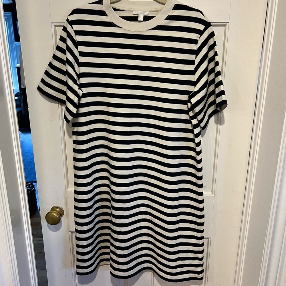 COS short sleeved a-line dress. Navy and white/cream stripes. Knee length.